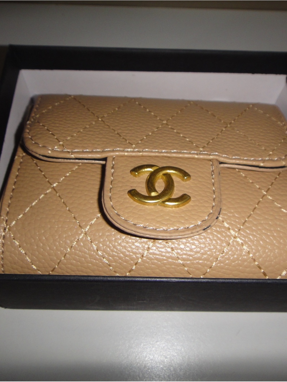 CHANEL Beige Quilted Leather CC Logo Wallet with Gold Hardware